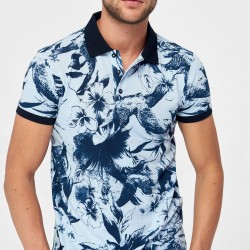 Mavi Erkek T-shirt - Polo Yaka Floral Desenli 