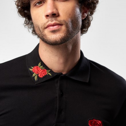 Siyah Erkek T-shirt - Çiçek Nakışlı Polo Yaka