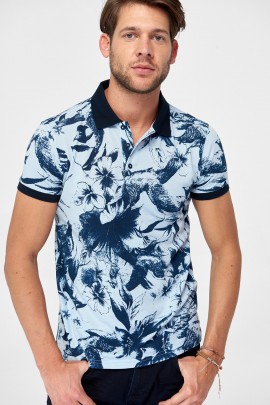 Mavi Erkek T-shirt - Polo Yaka Floral Desenli 